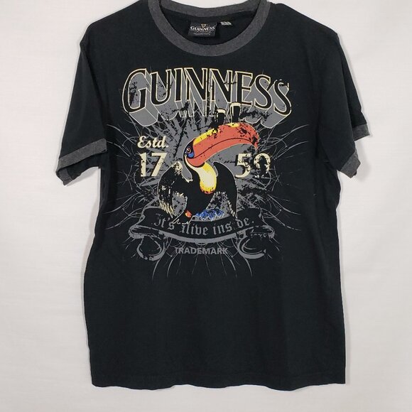 Mens Medium Guinness Graphic Toucan Logo Black Crewneck Ringer T-Shirt - Picture 1 of 4